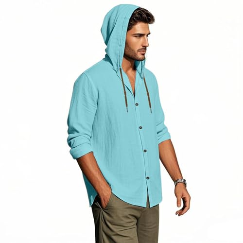 PIDOGYM Men Cotton Linen Long Sleeve Button Down Shirt Summer Casual Hawaiian Beach Tops Lightweight Fashion Hoodies3