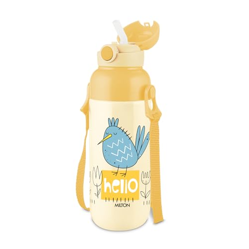 Image of Milton Steel Indus 600 Thermoware PU Insulated, 500 ml Water Bottle with Straw for Kids, Leak Proof Flip Top Sipper Lid Bottle, School, Picnic, Easy to Carry Belt, Cream