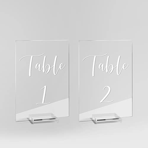 UNIQOOO Acrylic Wedding Table Number with Stand  4x6 inch 1-20 Printed Calligraphy, Sign and Holder