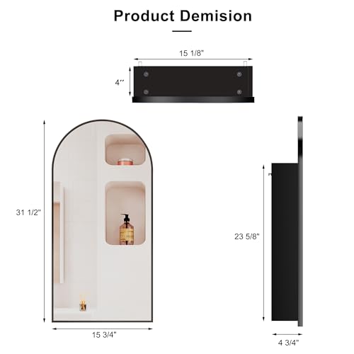 Mepplzian Black Arched Medicine Cabinet with Mirror, 16x31Inch, Bathroom, Modern Style, 3 Glass Shelves, Wall Mount