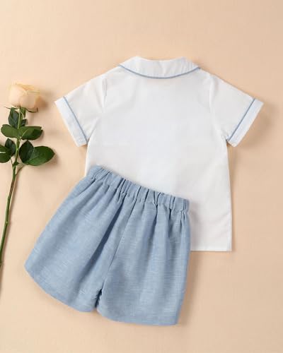 Image of Twoflower Smocked toddler boy outfits Summer Cotton Short Sleeve boys' button-down shirts Casual 2 piece Clothing Set