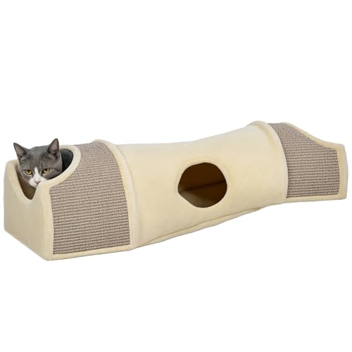 PawHut Tunnel pour Chat avec 2 niches en sisal et Trous de Porte, Jeu pour Chat Moins de 6 kg, adapté à l’intérieur, 107 x 38 x 29 cm, Beige