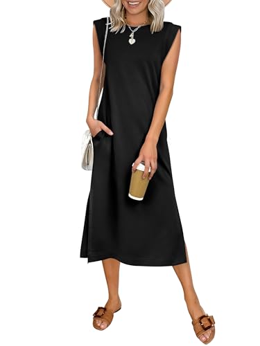 ANRABESS Womens Summer Casual Midi Dress Sleeveless Crewneck Loose Split Wrinkle-Free Beach Travel Vacation Long Sundress Large Black