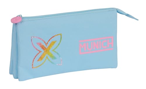 Safta MUNICH AZUL CAPRI - Portatodo Triple, Estuche Infantil, Estuche Niño, Ideal para Niños en Edad Escolar, Cómodo y Versátil, Calidad y Resistencia, 22x3x12 cm, Color