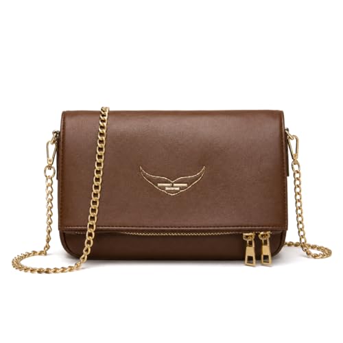 Bolsa Clutch Zadig & Inspired Transversal Alça Corrente Dourada Rock Chic Moda Casual Versátil Original ALWY (Marrom Escuro)