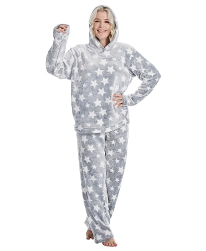 Istylish Womens Pajamas Fleece Set Jogger Sets Pajamas For Women Sets Soft 2 Piece With Hoodie(Shimmer Light Grey Stars L)