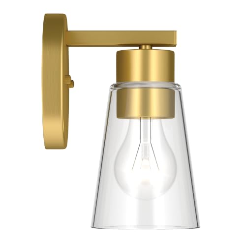 Image of Kichler Stamos 8 inch 1-Light Soft Modern Wall Sconce with Clear Glass in Brushed Gold, (8 inch H x 5 inch W), 52437BGCLR