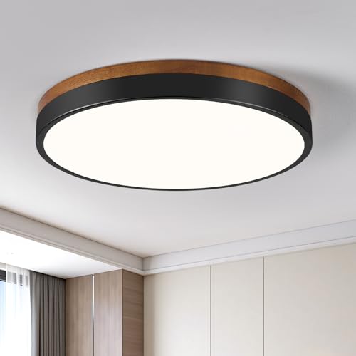 Image of Modern Walnut Wood Black Flush Mount Ceiling Light 11.81 Inch