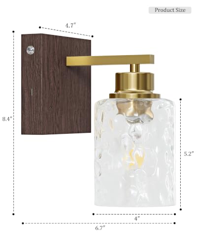 Image of Hammered Glass Battery Operated Wall Sconces Set of Two Gold & Walnut | Dimmable Rechargeable Wall Lights with Remote Timer, Easy Install Lamp for Living Room Bedroom, Emergency 3000K