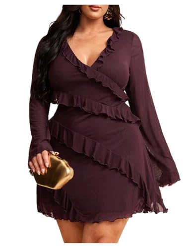 Women's Plus Size Y2K Ruffle Mini Dress Cocktail Mesh Tie Backless Long Bell Sleeve V Neck Short Dresses
