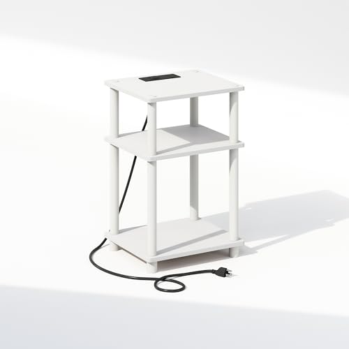Image of Furinno JUST Night Stand, 3-Tier Turn-N-Tube Nightstand with Charging Station, Bedside Table, End Table, Side Table with USB and Type-C Port, for Bedroom, Closet, Dorm, White