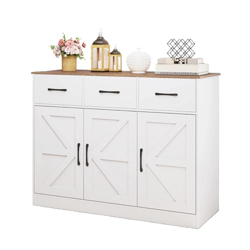 KOMFOTTEU Aparador de Cocina con 3 Cajones, Mueble Buffet con 3 Puertas y Estantes Ajustables, Armario Bajo con Kit Antivuelco para Comedor, Sala de Estar, 108 x 38 x 81 cm (Blanco)