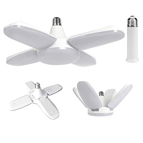 LED Garage Ceiling Lights, 6000Lumen Deformable Shop Light with E26 Extension Holder, 60W Ultra-Bright Work Lamp with 4 Adjustable LED Panels, E26/E27 Base, 6000K Nature Light for Barn, Garage, Attic