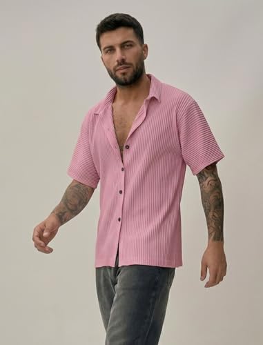 Image of MiraMichi Men's Regular Fit Long Shirt - Corduroy Fabric, Striped Pattern, Half Sleeves, Ideal for Casual