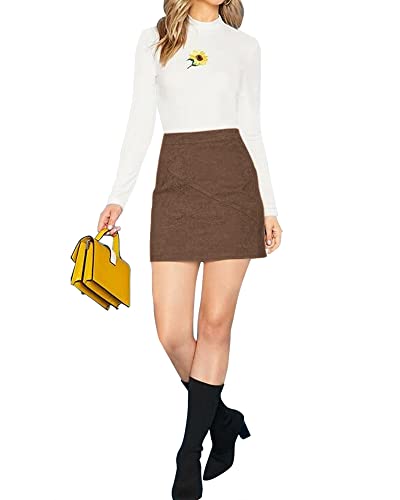 Image of MANGOPOP Women's Basic Faux Suede High Waist A-line Mini Pencil Bodycon Skirt (A03 Khaki, Small)