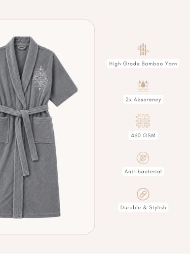 Image of RANGOLI Royal Bamboo Premium Bathrobe For Women | Ultra Soft Bamboo Yarn Lightweight Bathing Robes | 460 GSM Highly Absorbent & Quick Drying Luxurious Bath Gown | Knee Length Bath Robe - Dark Grey