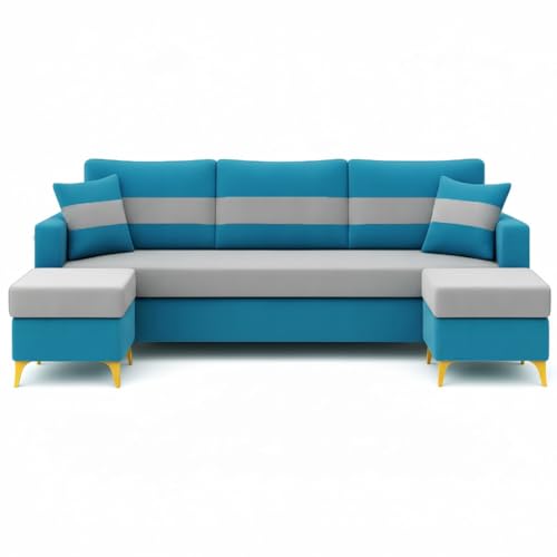 Image of SOCOZI Bastian 5 Seater L Shape Sofa Set with 2 Movable Ottomans | Flexible Layout | Soft Velvet Suede Fabric|Modern Sofa | Plush Comfort Cushions for Living Room (Teal Blue-Light Grey) | Breathable Material