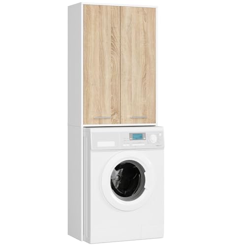 AKORD Meuble Buanderie Machine à Laver Fin 180 | L64 x H180 x P30 cm | Meuble pour Lave Linge avec 4 Étagères 2 Portes de Rangement | Meubles de Salle de...