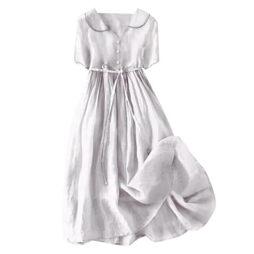SRZYMJ Damen Sommerkleid Leinenkleider V-Ausschnitt Kurzarm Midi Kleid Lange Tunika Bluse Weiß L