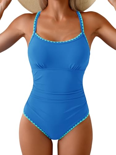 Image of Eomenie Women's One Piece Swimsuit Tummy Control Slimming Bathing Suit Ruched Swimwear Tie Back Shell Stitch Swim Suit