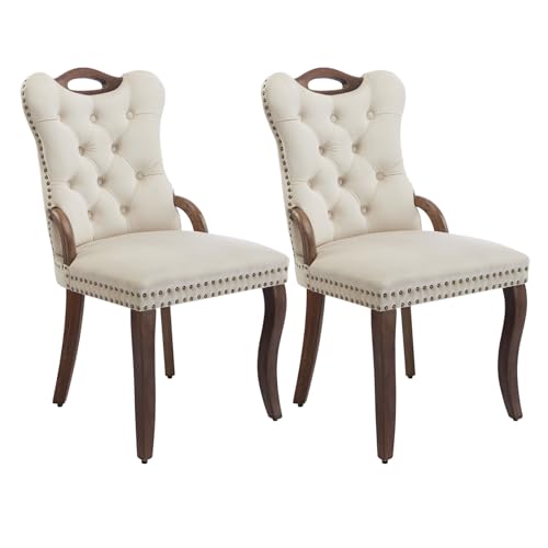 Shenyon Beige Velvet Dining Chairs Set of 2，Modern Upholstered Dining Room Chairs with Tufted Back and Wood Handles, Curved Solid Wood Legs, Sillas de Comedor