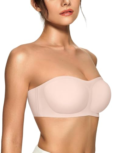 OEAK Womens Strapless Bras Push Up Bandeau Bra Non Slip Wireless Supportive Padded Bras Seamless Comfortable Tube Bra Large Nude Skin