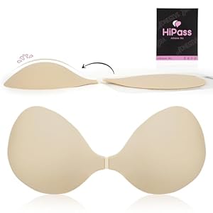 Hipass Adhesive Sticky Bra, Push Up Invisible Bras for Backless Strapless Dress，Reusable Wireless Breast Lift Bras for Women Beige