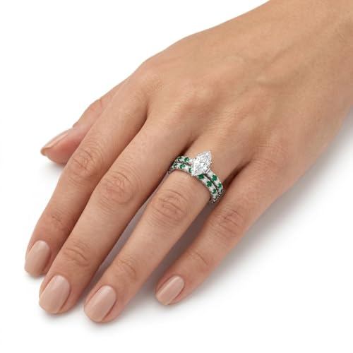 Image of Choose Your Gemstone Three Quarter Diamond CZ Gallery Bridal Ring Set 925 Sterling Silver Marquise Shape Wedding Ring Sets for WomenUS Size 4 to 12