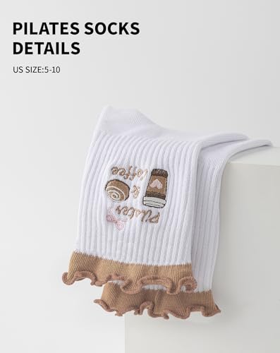 Image of Yawlsow Cute Pilates Grip Socks for Women Ruffle Frilly Yoga Socks Non Slip Cotton Crew Grippy Sock for Barre Workout
