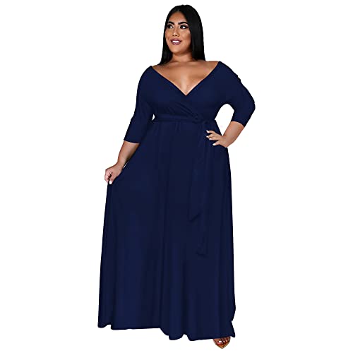 Image of Nmoder Plus Size Maxi Dress for Women - Summer Casual 3 /4 Sleeve Floral Flowy Long Dress with Belt XL- 6XL