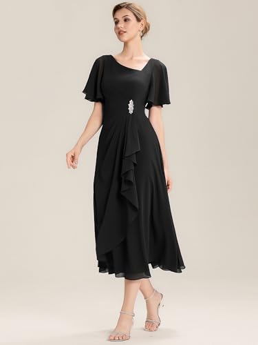 Ever-Pretty Women's Asymmetrical Neck Short Sleeves Chiffon Midi A-Line Mother of The Bride Dresses 024633