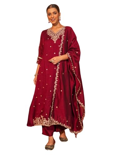 Image of Naixa Women's Vichitra Silk Embroidered A-Line Kurta with Pant and Dupatta Sets (NX-845)