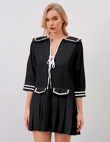 Image of Women Cute Ruffle Tunic Mini Dress Summer Pleated Babydoll Shirt Dress Casual Loose V Neck 3 /4 Sleeve Short Sundress Black