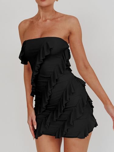 HOCILLE Women's Sexy Strapless Tube Top Bodycon Sleeveless Ruffle Mini Party Dress2