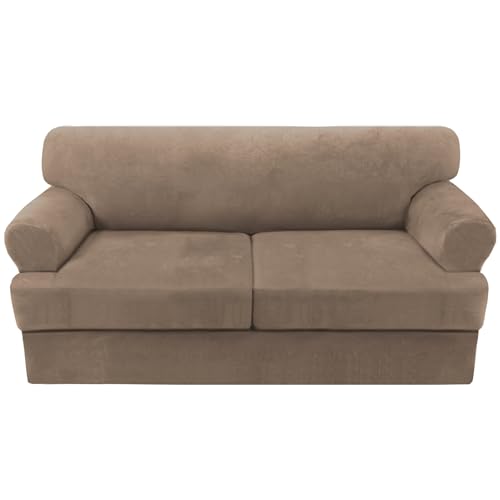 H.VERSAILTEX Sofa Cover 3 Piece T Cushion Sofa Slipcovers Thick Velvet Couch Cover Furniture Protector Stretch T Cushion Sofa Covers for 2 Cushion Couch with 2 Individual T Cushion Covers, Camel