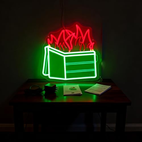 Image of Dumpster Fire Neon Sign, Red Flames & Green Dumpster, 12.8 inchx13.1 inch | LED Wall Art, Dimmable with 3-Button Controller, Includes Hooks, Chain & Wall Anchors, Sarcastic Gift for Women