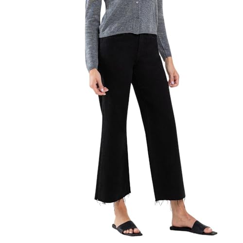 Women's High-Rise Raw Hem Cropped Wide Leg Jeans in Jet Black3