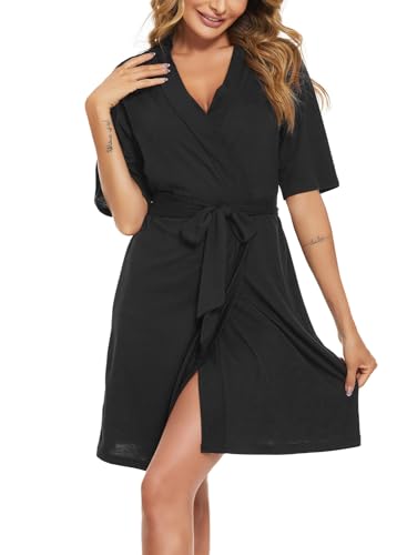 Rayson Albornoz Corto Mujer Elegante Bata Kimono de Algodón Manga Corto Verano Cuello V Albornoz Corto con Cinturón Mujer Bata(Negro,XL)