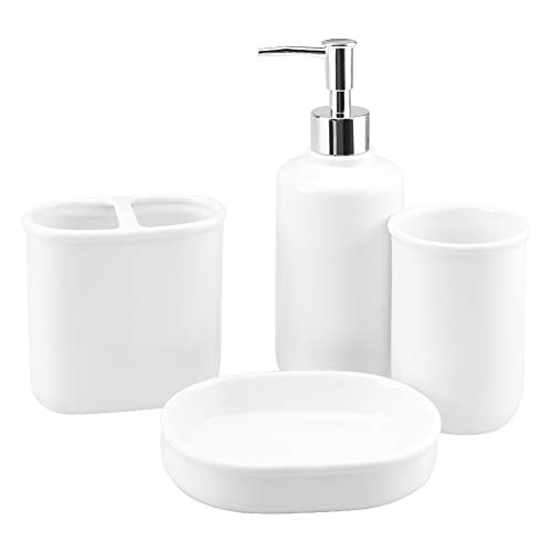 4-Piece Ceramic Bathroom Accessory Set, Bathroom Accessories Set Includes Soap Dispenser, Toothbrush Holder, Tumbler, Soap Dish, Complete Bathroom Ensemble Sets for Bath Decor, Ideas Home Gift, White