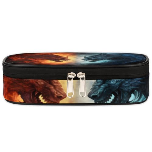 Image of Fiery Dragon Leather Pencil Case Pen Holder Large Capacity Black Stationery Organizer Pencil Bag with Zipper for Boys Girls Ice Dragon Kids Pencil Pouch Storage Box for School College Office