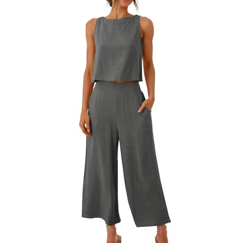 Womens Summer 2 Piece Outfit Crew Neck Sleeveless Tank Crop Top and Wide Leg Pants Casual Cotton Linen Set with Pockets Dark Gray
