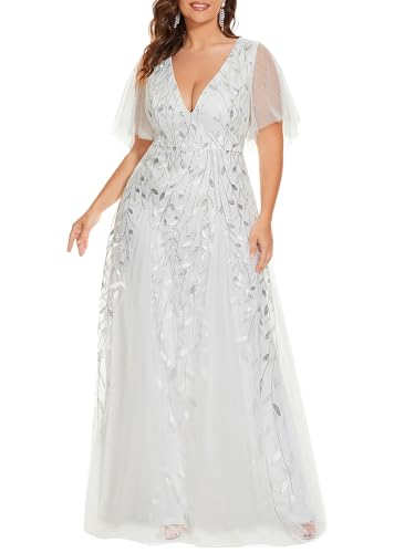 Ever-Pretty Women's Plus Size Sequin Embroidered Formal Evening Gown V-Neck Sheer Short Sleeve A-Line Mother of Biride Dress White US16