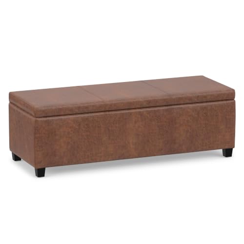 Image of SIMPLIHOME Avalon 48 inch Wide Vegan Leather Storage Ottoman in Saddle Brown