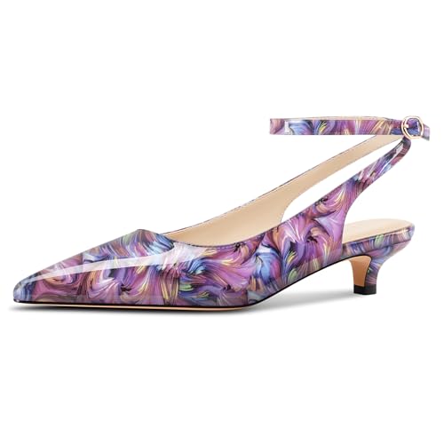 TNYNFBEB Womens Low Kitten Heel Pointed Toe Pumps Slingback Ankle Strap Buckle Prom Party Dress Cute Patent Leather 1.4 Inches Heels