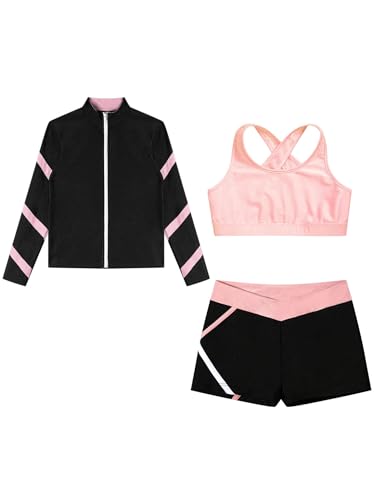 Hansber Kids Girls 3Pcs Dance Sports Outfits Crop Top Booty Shorts with Long Sleeve Jacket Gymnastics Yoga Active Set3