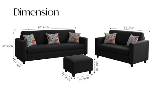 Image of Rosebell 3+2 Fabric Sofa Set with Ottoman | Premium Upholstery 5-Seater Sofa | with Printed Cushions | Living Room Furniture |Black-Color