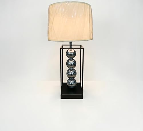 Image of Luxury Modern Table Lamp with Silver Spherical Accents - Contemporary Metal Frame Bedside Light for Living Room, Bedroom & Office - Textured Fabric Drum Shade (Antique Silver & Charcoal)
