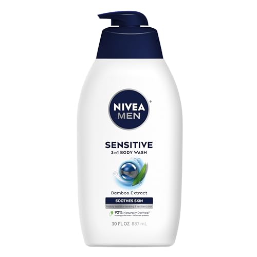 NIVEA MEN Sensitive Body Wash with Bamboo Extract, Moisturizing Body Wash for Sensitive Skin, Soap Free Shower Gel for Men with No Drying Alcohol, 30 Fl Oz Bottle
