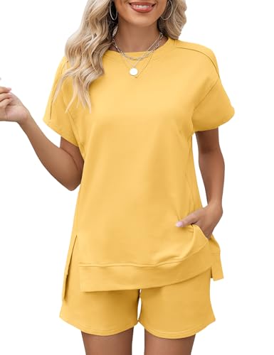 Image of LOMON Womens Fashion 2 Piece Outfits Sweatsuits 2026 Summer Short Sleeve Loungewear Tracksuit Round Neck Lounge Shorts Sets