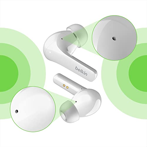 Belkin Écouteurs Bluetooth True Wireless SOUNDFORM Flow avec suppression du bruit de fond (Bluetooth,IPX5 résistance à l’eau, 31h lecture, pour iPhone, Galaxy, Pixel, blanc), AUC006